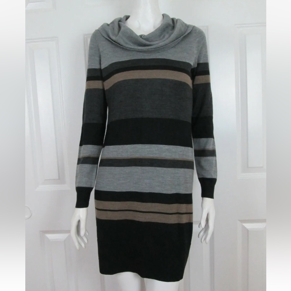 LOFT Ann Taylor Black/Gray Long Sleeve, Stripe Sweater Dress with Cowl Neck